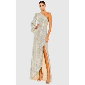 Ieena Mac Duggal Silver Sequined One Shoulder Cut Out Prom Gown NWT Sz 2 26730